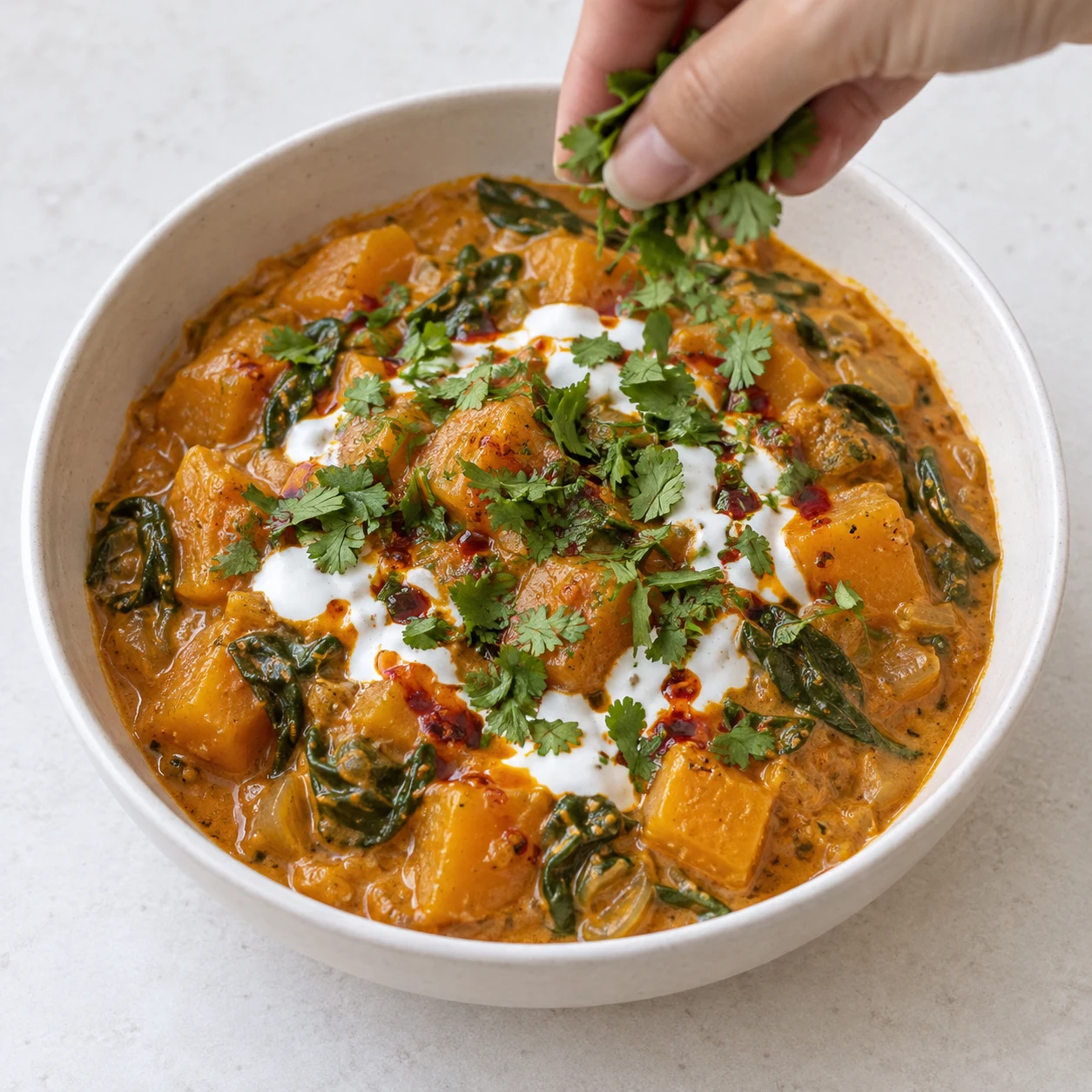 Main anonyme parsemant de coriandre hachée le curry orange avec une touche de yaourt blanc, sans riz.