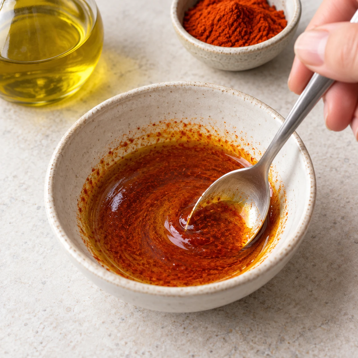 Une cuillère mélange un peu d’huile d’olive et du paprika moulu dans une petite coupelle.