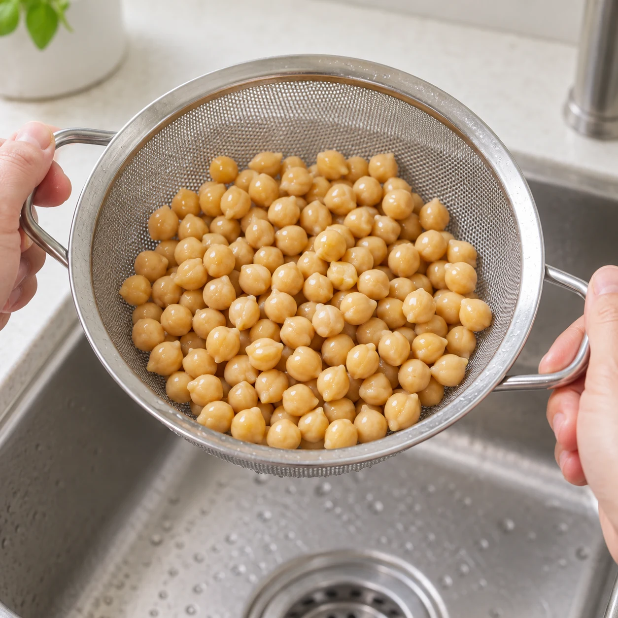 Pois chiches beiges dans une passoire tenue par des mains anonymes.