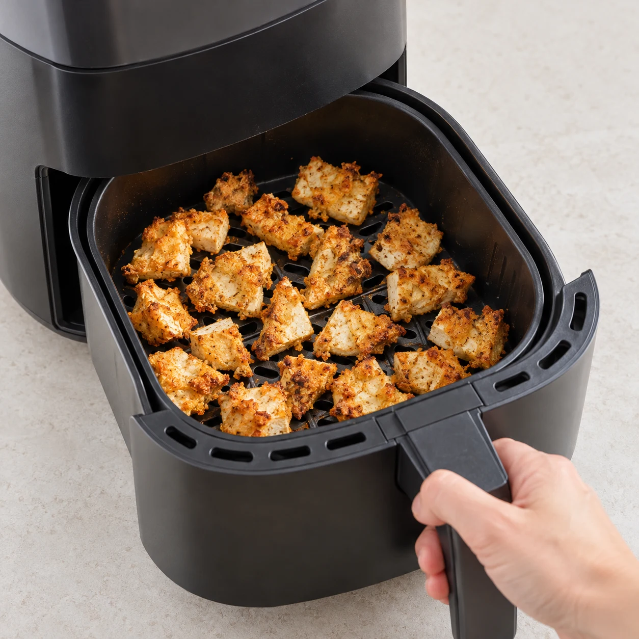Air fryer sans marque, panier avec morceaux de tofu irréguliers dorés ; une main manipule le tiroir ; aucun riz ni sauce.