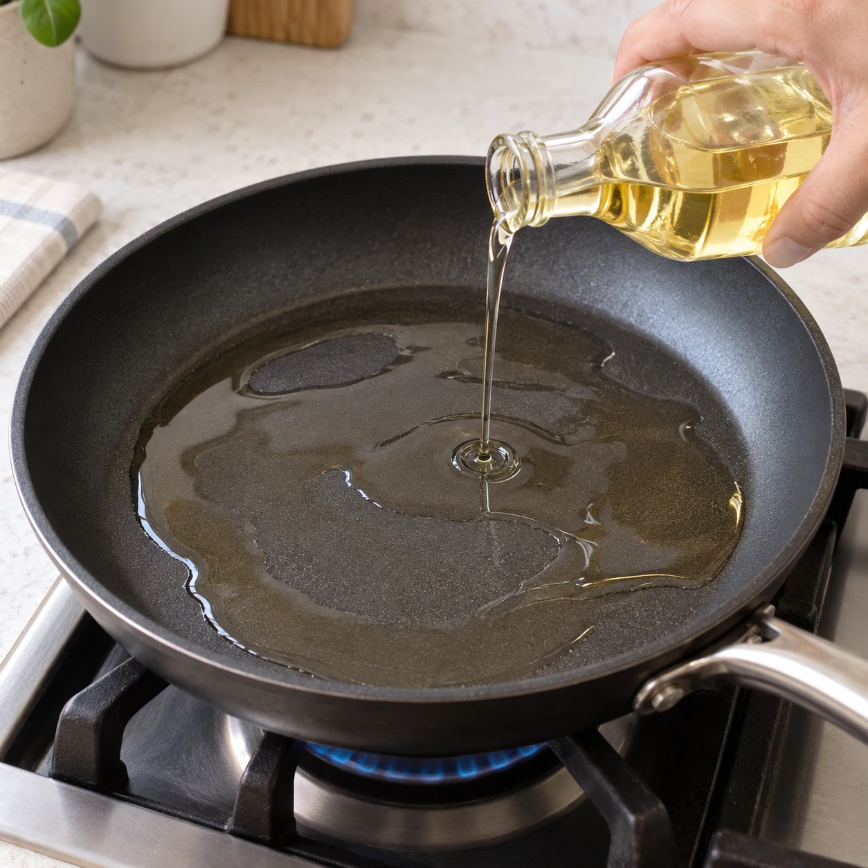 Huiler la surface de cuisson. Versez un fond d’huile de tournesol dans la poêle ou sur le gril. Résultat : Un fond d’huile couvre la surface de cuisson. Feuilles de brick fines opaques au blé, jamais de feuilles de riz translucides. Une phase seulement.