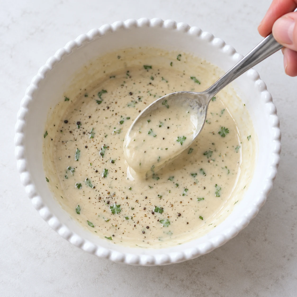 Bol blanc de sauce sésame beige clair fluide parsemée coriandre et poivre, main mélange cuillère.