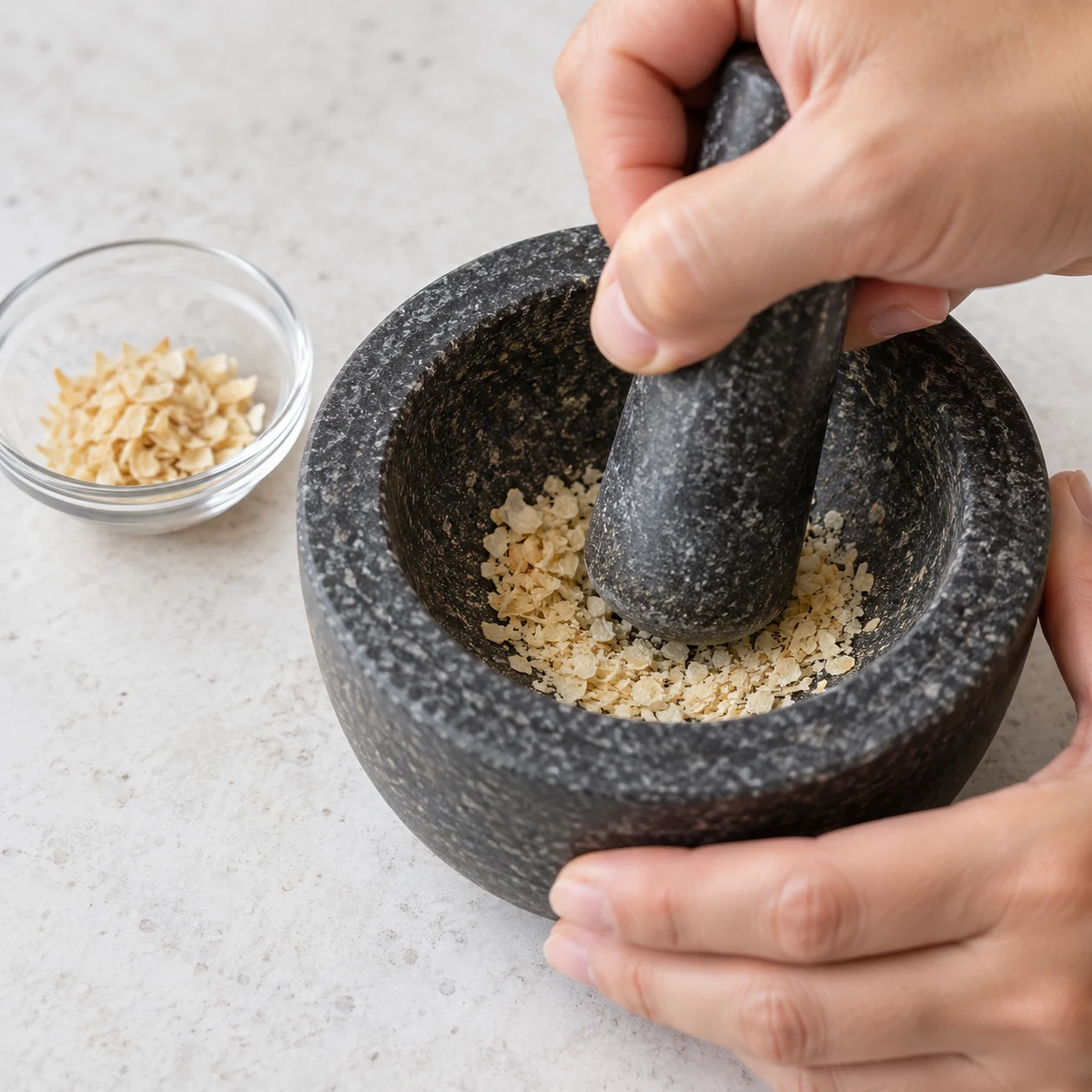 Moudre l’oignon déshydraté. Pèse 2.4 g d’oignon déshydraté et écrase-le au mortier jusqu’à obtenir de petites particules pour la marinade. Les flocons d’oignon sont réduits en petites particules.. Petits morceaux de haché de soja cuisiné, pas de fibres longues.