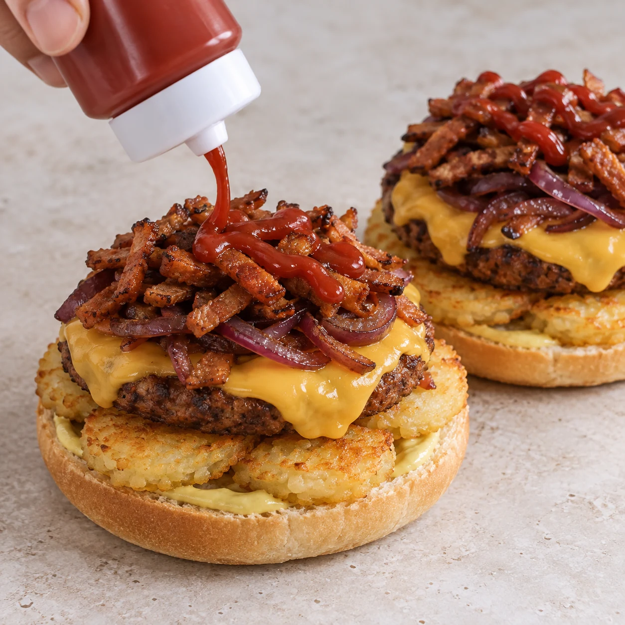 Un peu de ketchup rouge tomate versé sur les lardons végétaux dorés du burger ouvert.