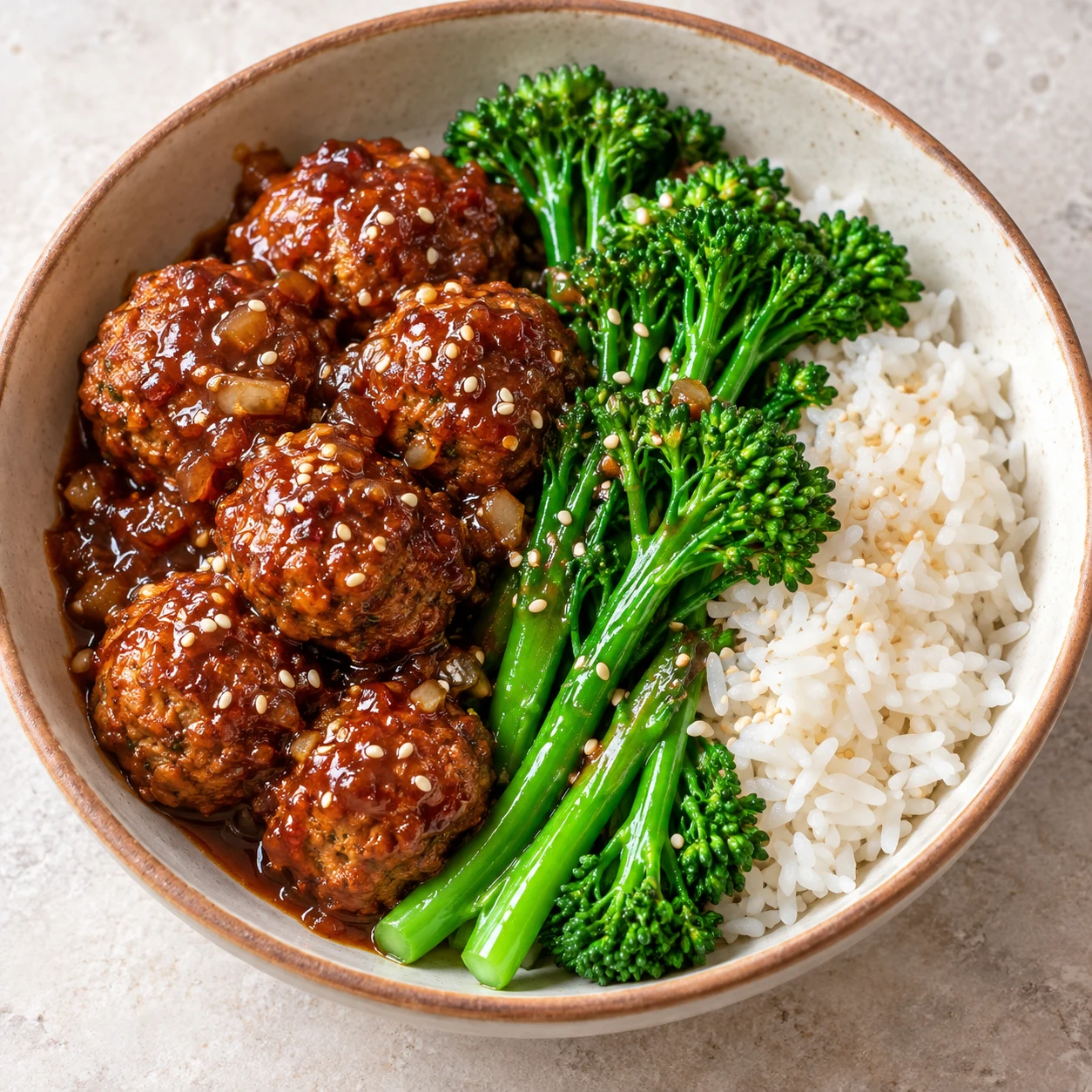 Boulettes de soja au gingembre, riz et broccolini