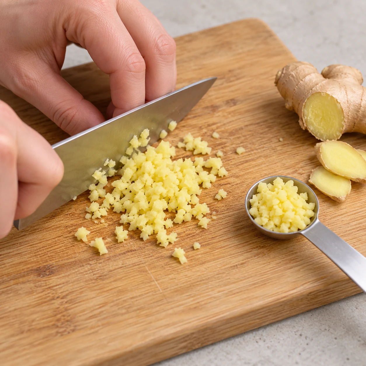 Gingembre frais haché au couteau sur une planche; doigts repliés en griffe.