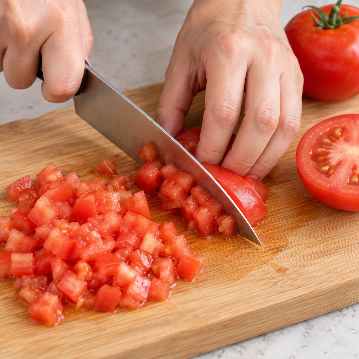 Tailler la tomate de la sauce : La tomate de la sauce est détaillée en petits cubes.