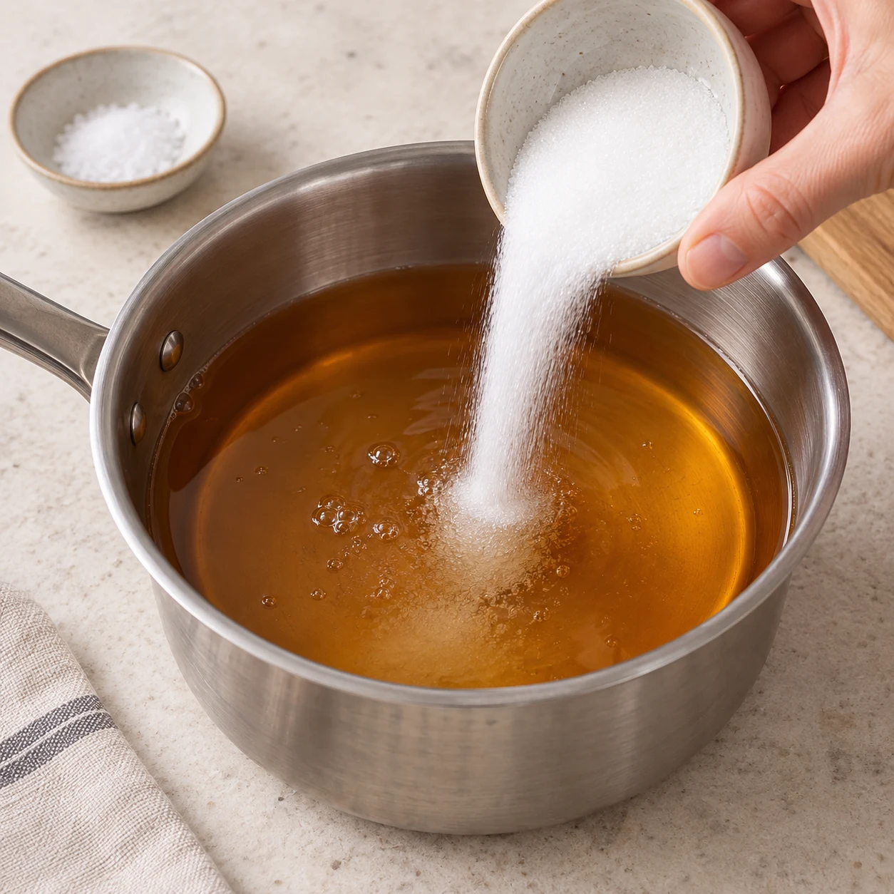 Sucre blanc versé dans une casserole de liquide ambré transparent eau et vinaigre, pas d’oignon ni de baies dans la casserole.