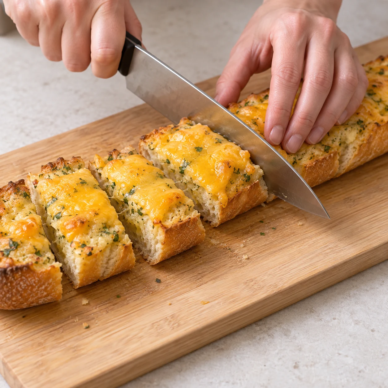 Coupez le pain gratiné en morceaux sur une planche stable. Le pain porte une couche fondue jaune orangé, issue des tranches végétales saveur cheddar, avec la tartinade persillée à l’ail sous la garniture.