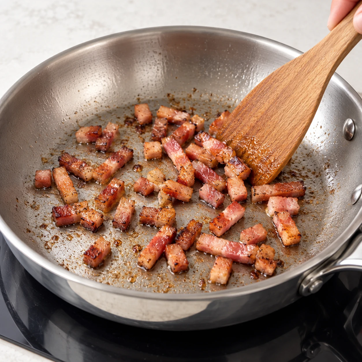 Petits lardons exclusivement végétaux fumés, en cubes et bâtonnets courts rosés dorés, dans une poêle ; aucune bande de bacon.