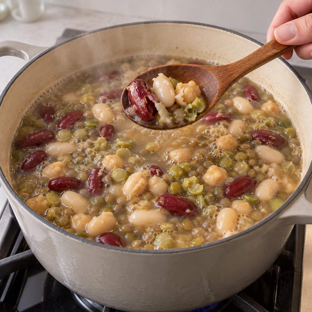 Après l’ébullition de sécurité, réduis à feu moyen et poursuis la cuisson jusqu’à ce que haricots rouges, haricots blancs et pois chiches soient tous tendres. Vérifie chaque type de graine ; les lentilles et les pois cassés peuvent se défaire et épaissir le bouillon. Résultat attendu : Les haricots rouges et blancs ainsi que les pois chiches s’écrasent sans cœur dur.