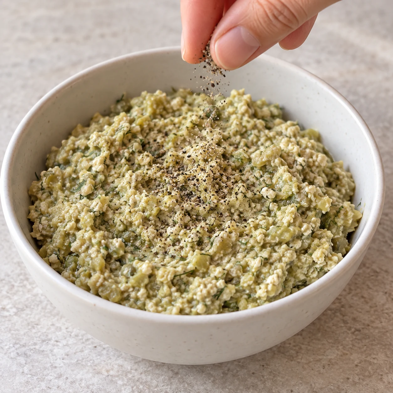 Une petite pincée de poivre noir tombe dans le bol de tapenade, aucune poudre jaune.