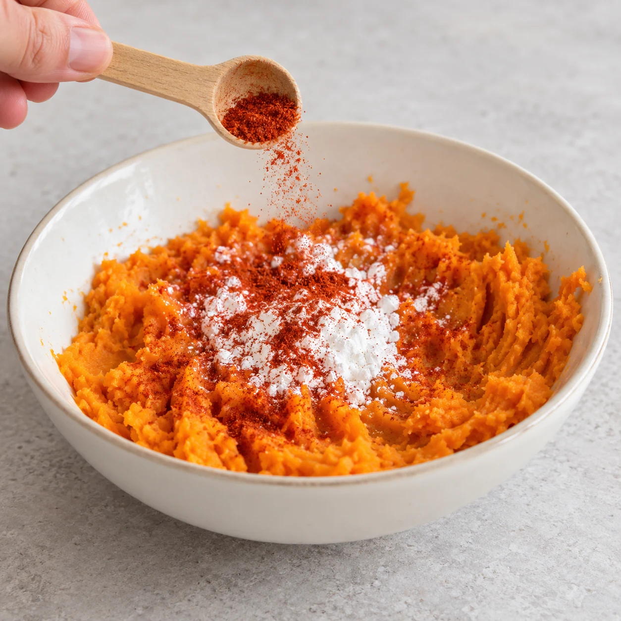 Petite cuillère de paprika sur purée orange et fécule blanche.
