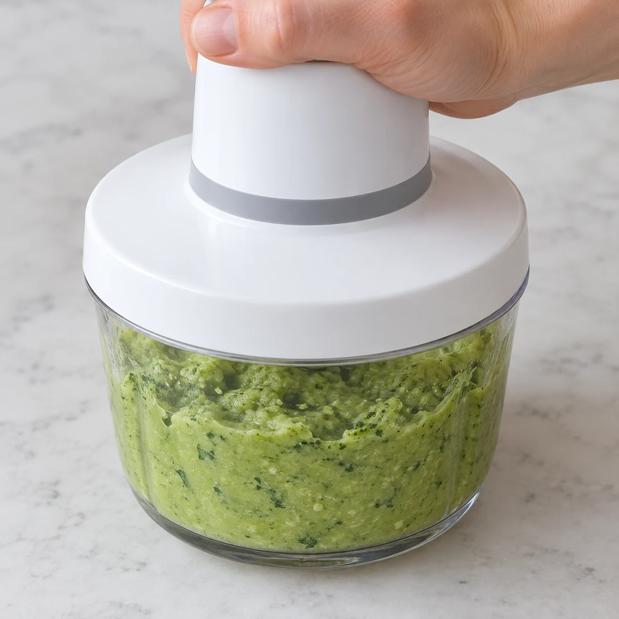 Mixez le brocoli cuit avec les 20 g de yaourt de soja nature, la cuillère à soupe de fécule de maïs, la cuillère à café d’huile d’olive et la pincée de basilic. Montrer cette seule action, sans texte.