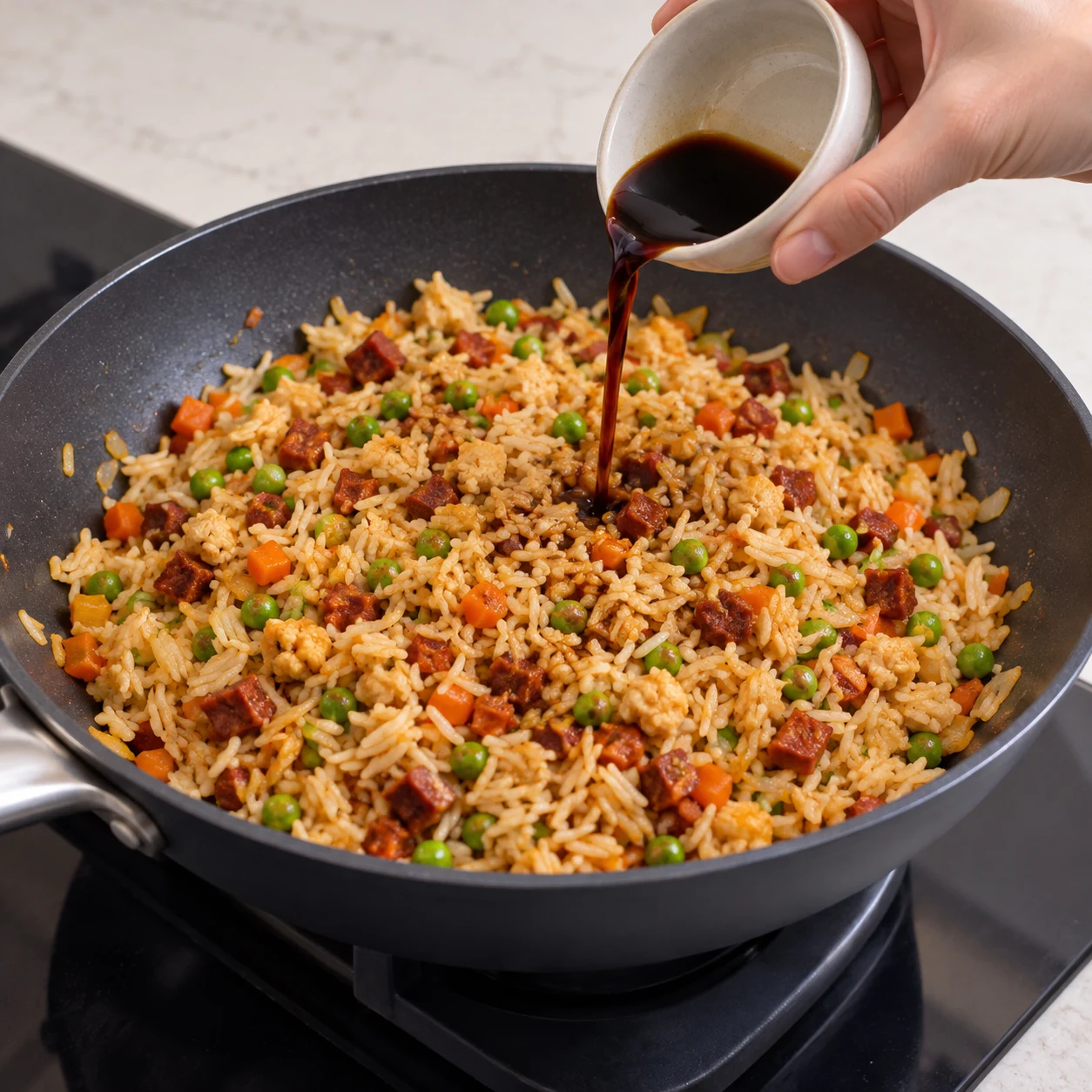 Une seule photo carrée montrant assaisonner le riz. Le riz est uniformément assaisonné, sans flaque de sauce. Seulement les ingrédients déjà présents : Mini chorizo végétal, Mini chorizo végétal, Huile de tournesol, Oignon jaune, Ail, Carotte, Petits pois, Riz basmati cuit et refroidi, Pois chiches cuits égouttés, Sauce soja, Huile de sésame, Poivre noir. Les éclats sont beige de pois chiches, sans œuf, sans tofu et sans purée lisse. Les dés sont rouge-brun de chorizo entièrement végétal, sans viande ni morceaux de gras blanc.