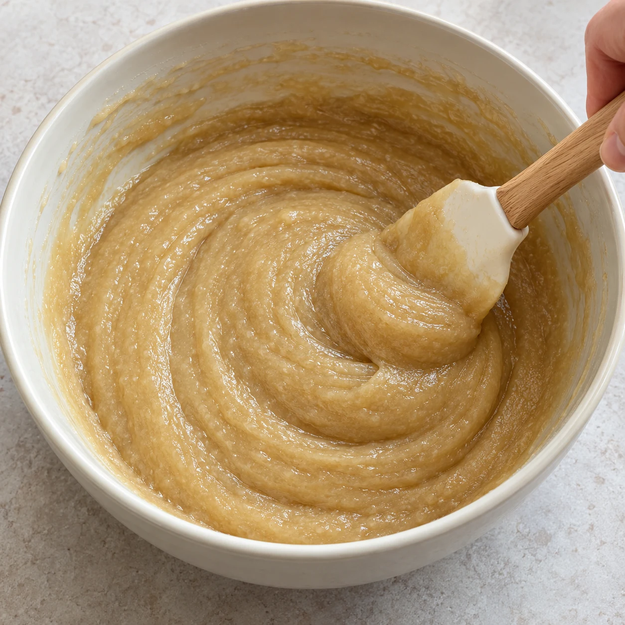 Incorpore les 100 g de compote de pomme sans sucre ajouté jusqu’à ce que le mélange soit homogène. Montrer uniquement le résultat et le geste de cette étape, sans texte ni personne identifiable.