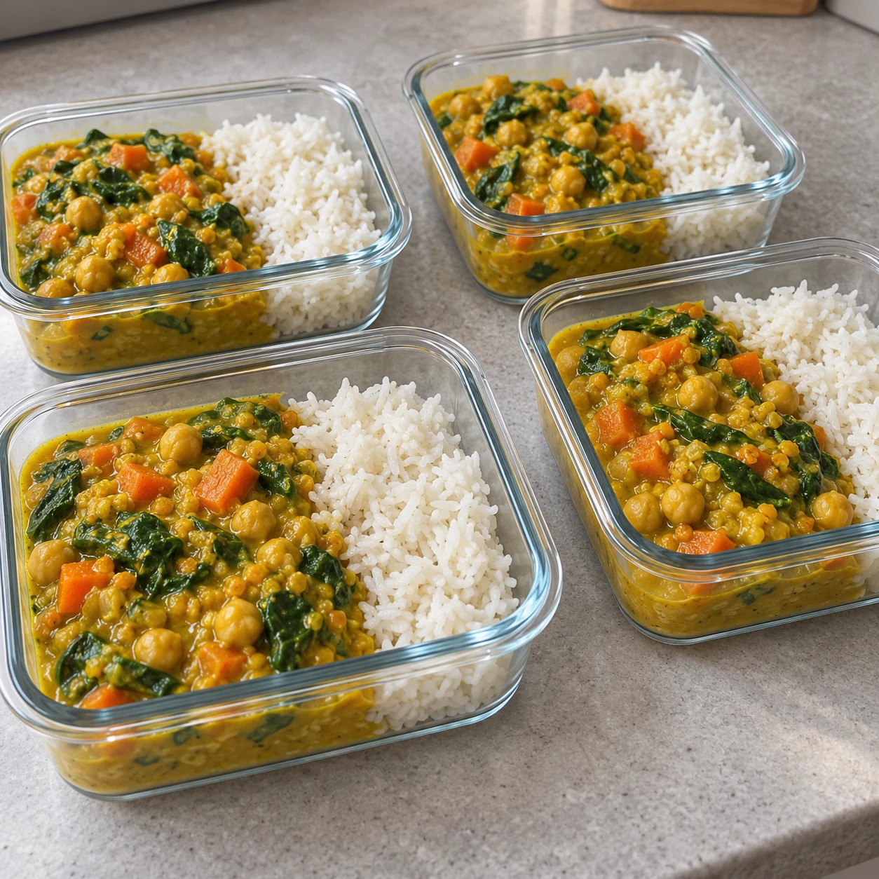Quatre boîtes ouvertes contenant curry aux pois chiches et riz, posées sur pierre claire, sans personne.