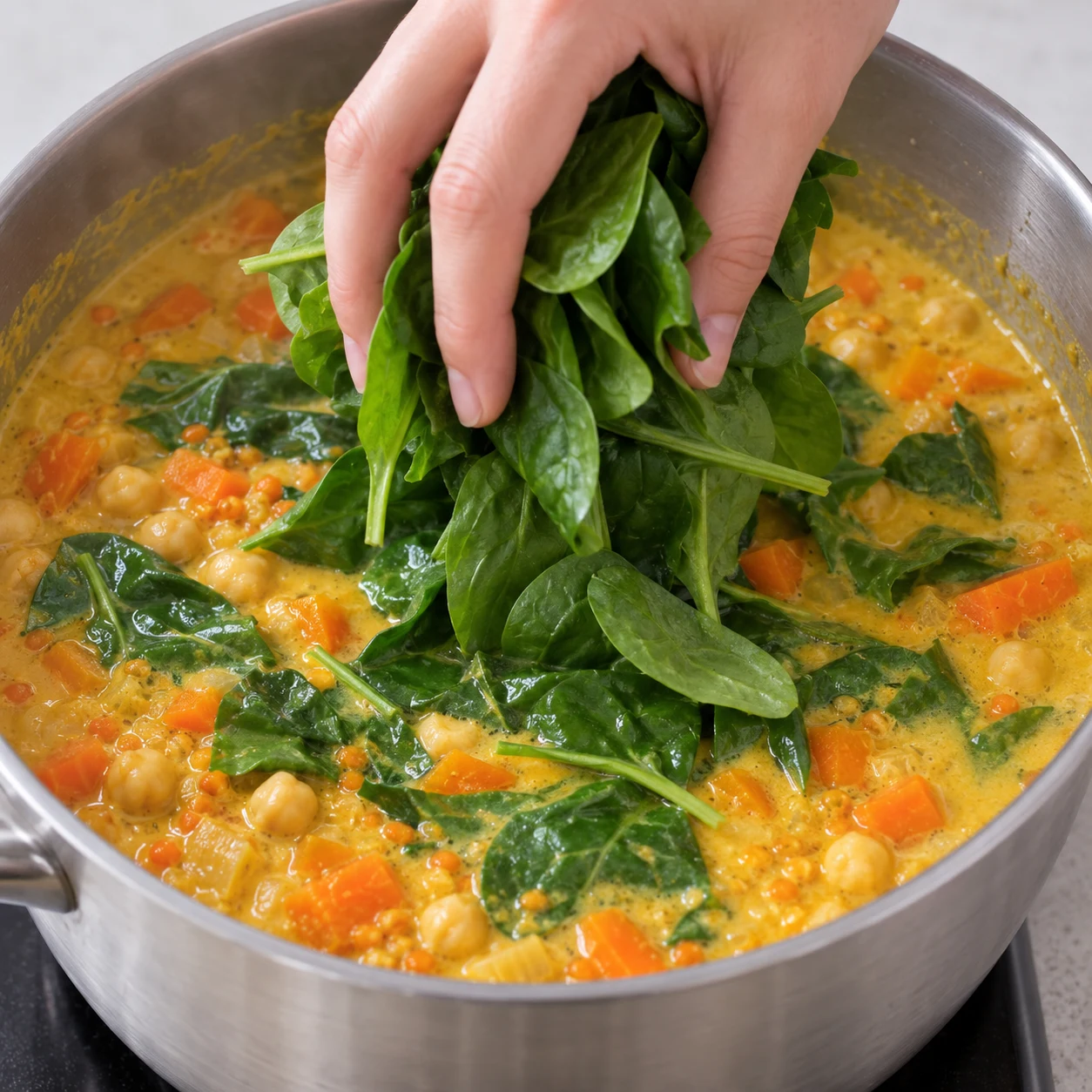 Mains anonymes déposant des épinards frais sur la sauce jaune aux carottes lentilles et pois chiches.