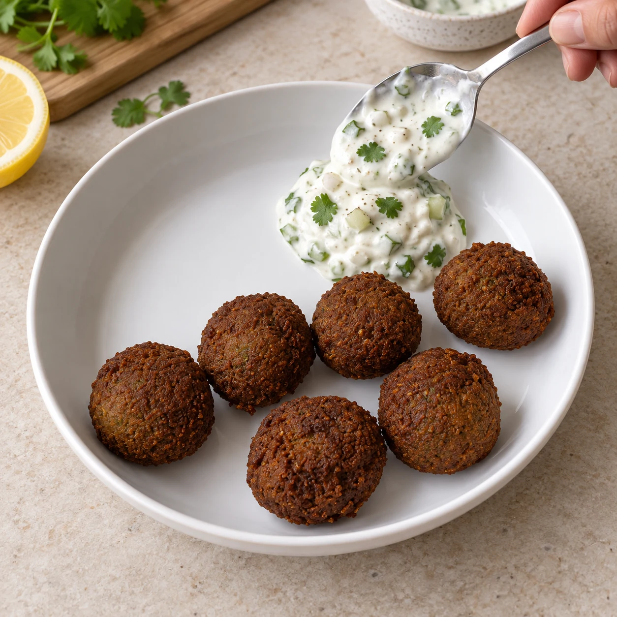 Assiette blanche contenant six falafels brun doré déjà déposés ; une main anonyme dépose à côté une cuillerée de sauce blanche épaisse au soja, parsemée de coriandre et de petits morceaux d’oignon. Image de l’action à 32 s, avant de disposer la pita, l’oignon rouge et les garnitures. Aucun de ces accompagnements encore visible.