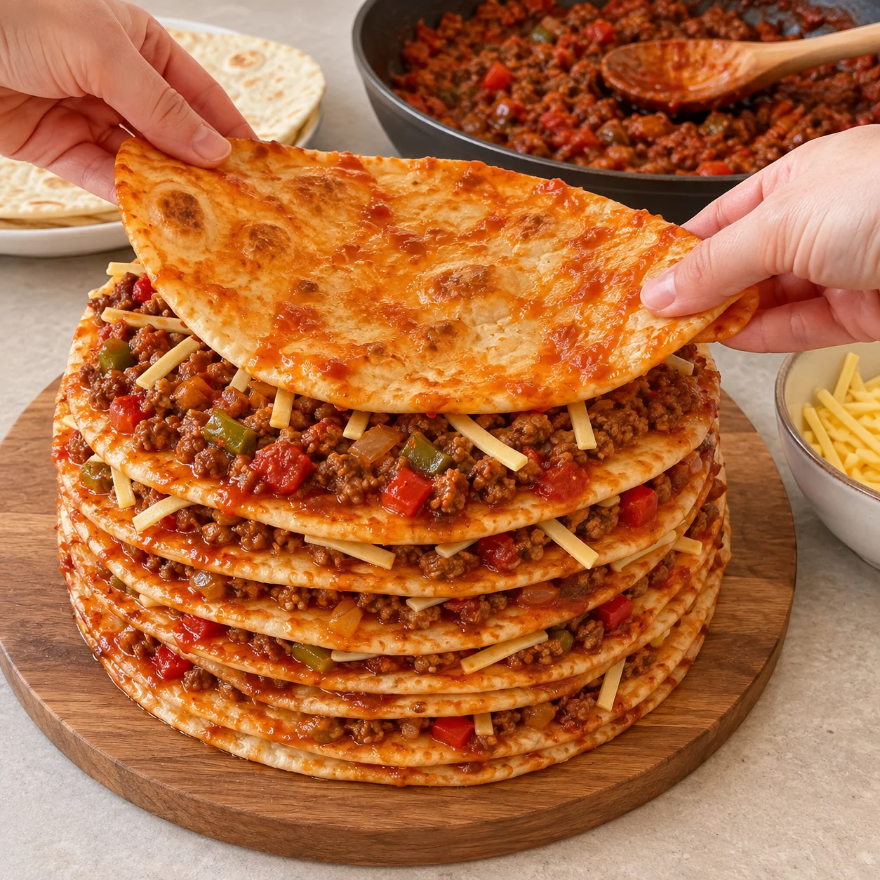 Répétez le montage galette trempée, garniture et fines lamelles de tranchettes végétales pour environ neuf galettes. Terminez avec la garniture sur le dessus.