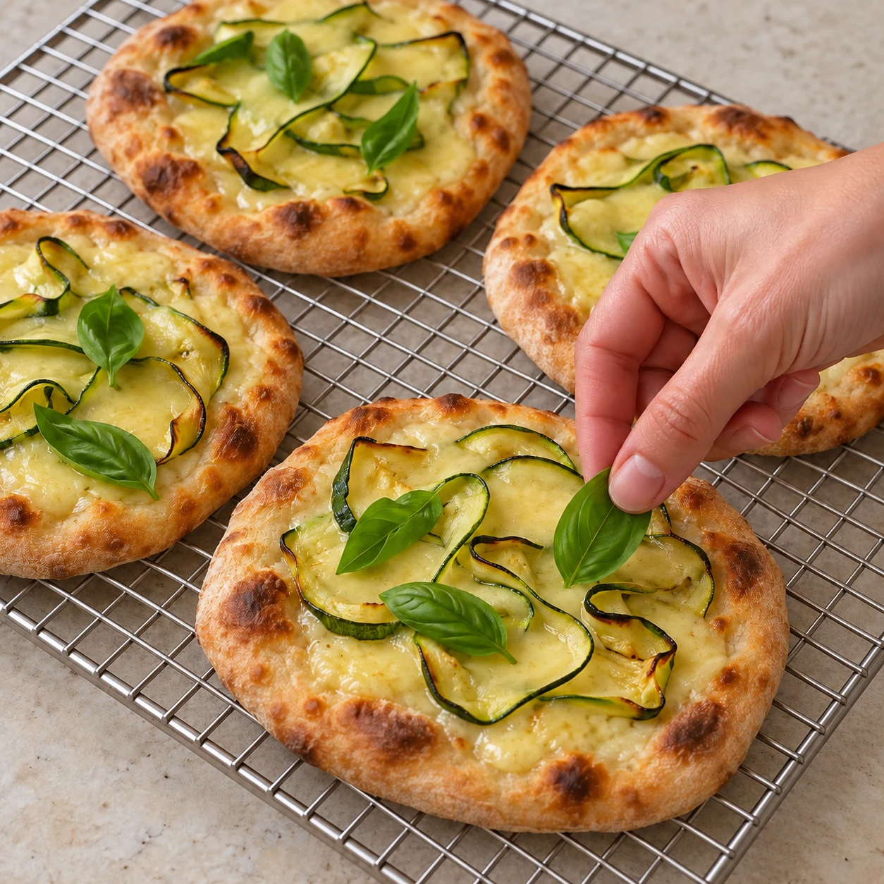 Main déposant quelques feuilles fraîches de basilic sur pizzette cuite à la courgette.