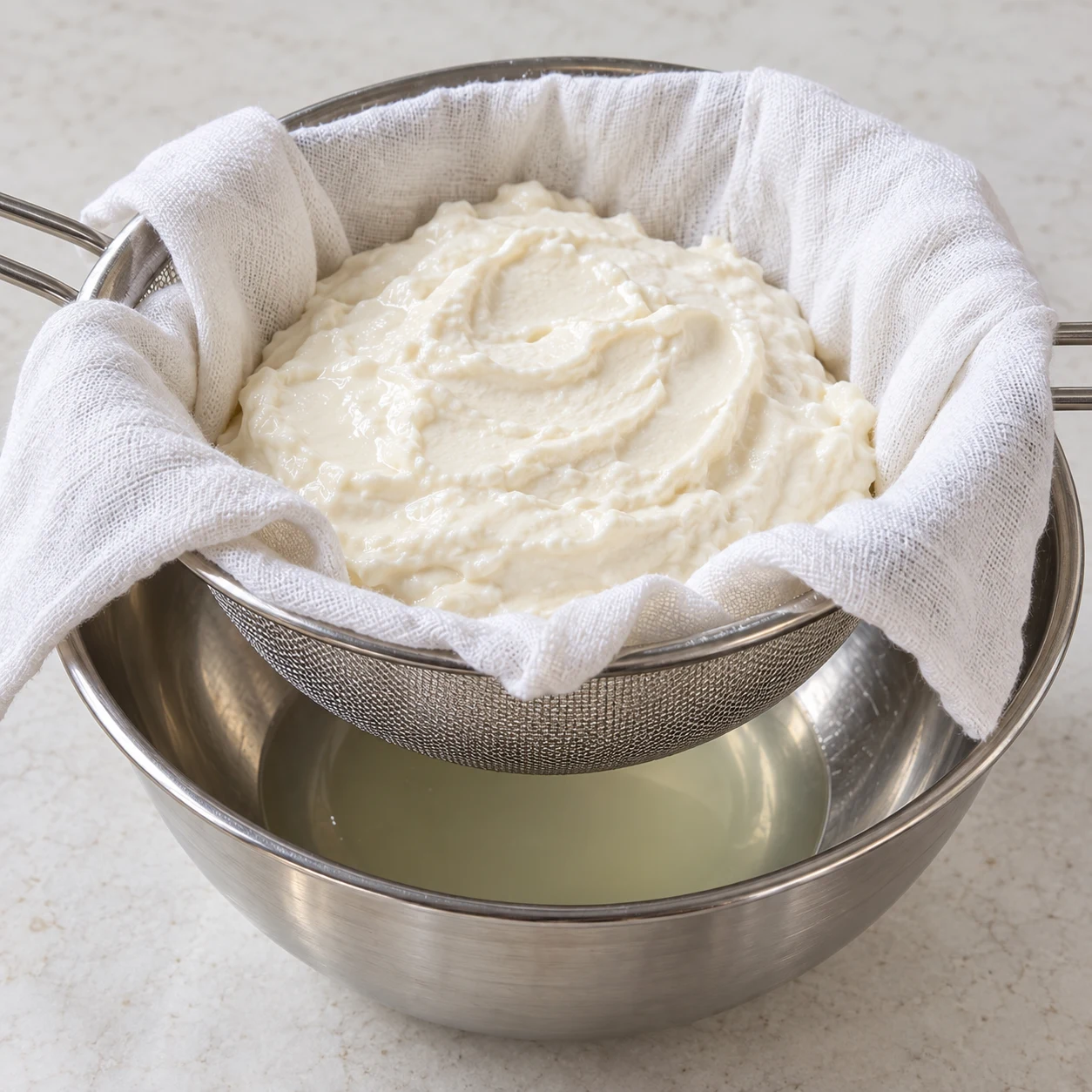 Passoire fine tapissée d'un linge blanc posée sur un bol en inox, remplie de yaourt de soja blanc et épais, un peu de liquide clair au fond du bol.