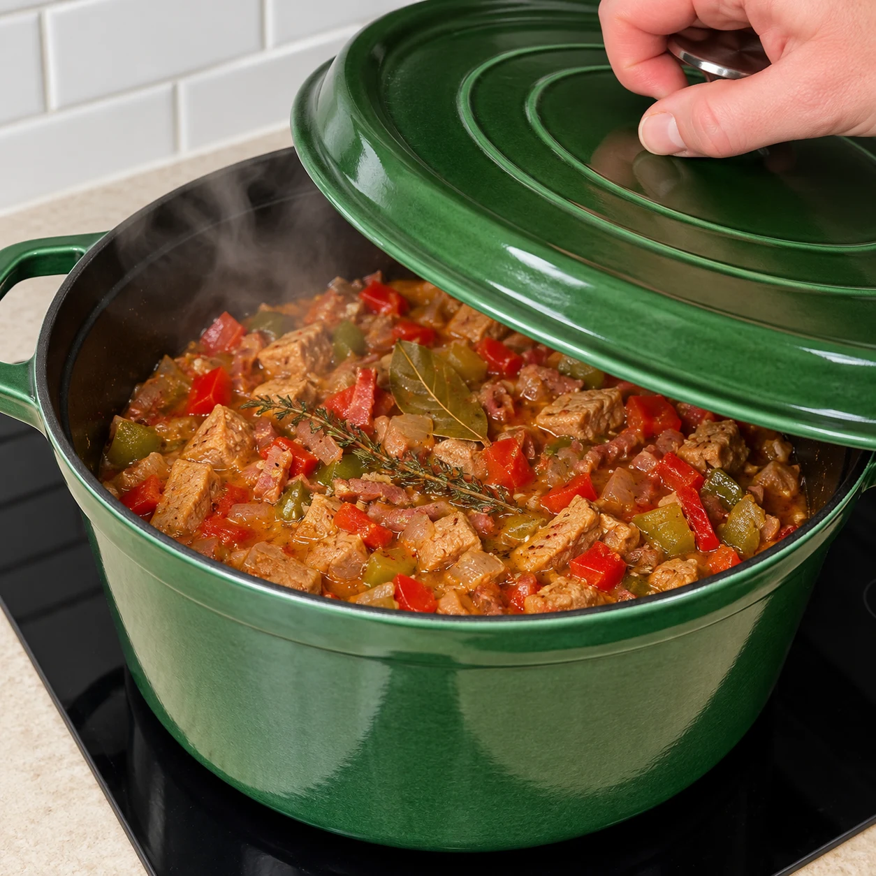 Cocotte verte contenant morceaux végétaux beige brun, petits lardons fumés et légumes en petits dés rouges verts jaunes, mélange humide, couvercle soulevé et vapeur légère.