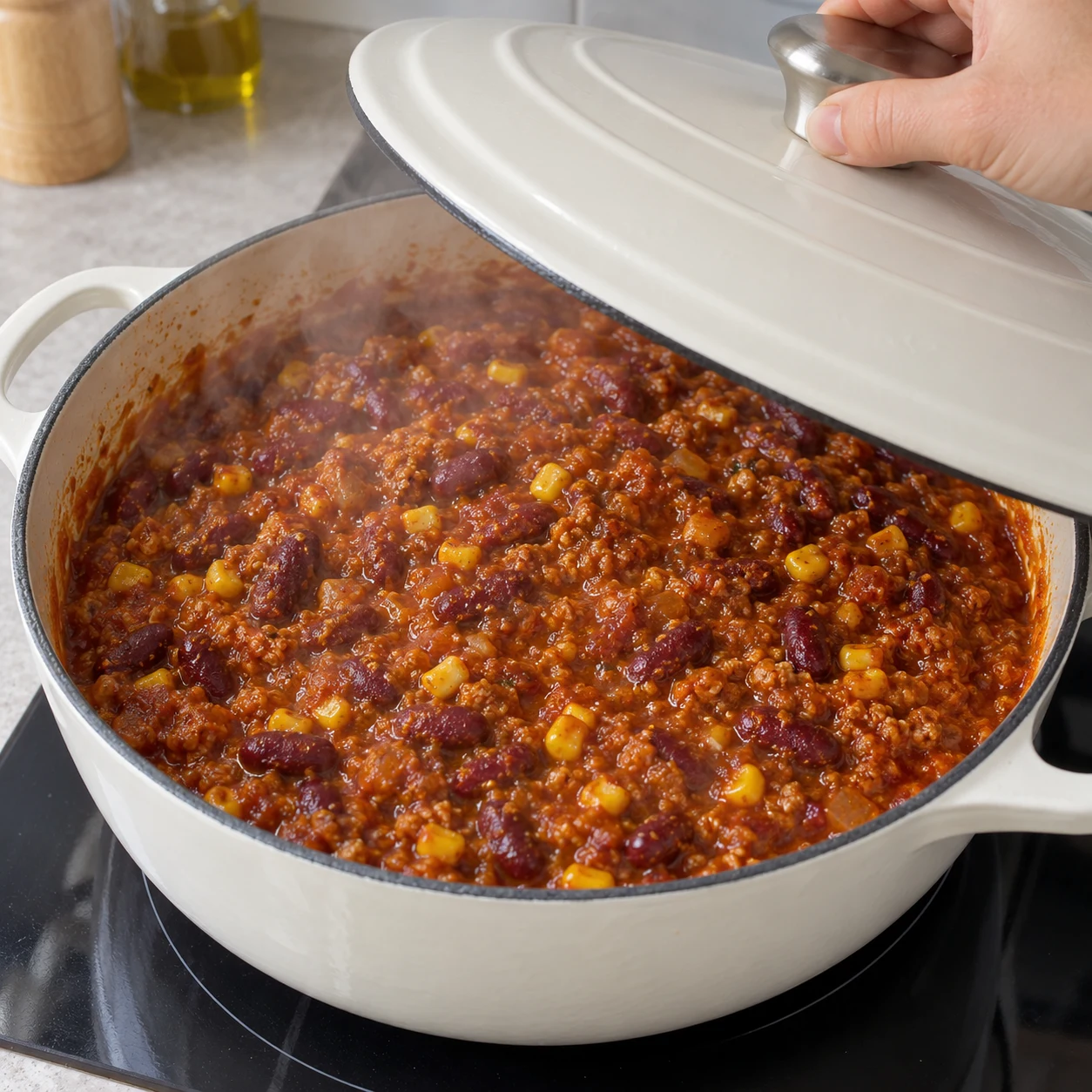 Chili épais et humide dans le faitout ; soulever le couvercle sans identité visible.