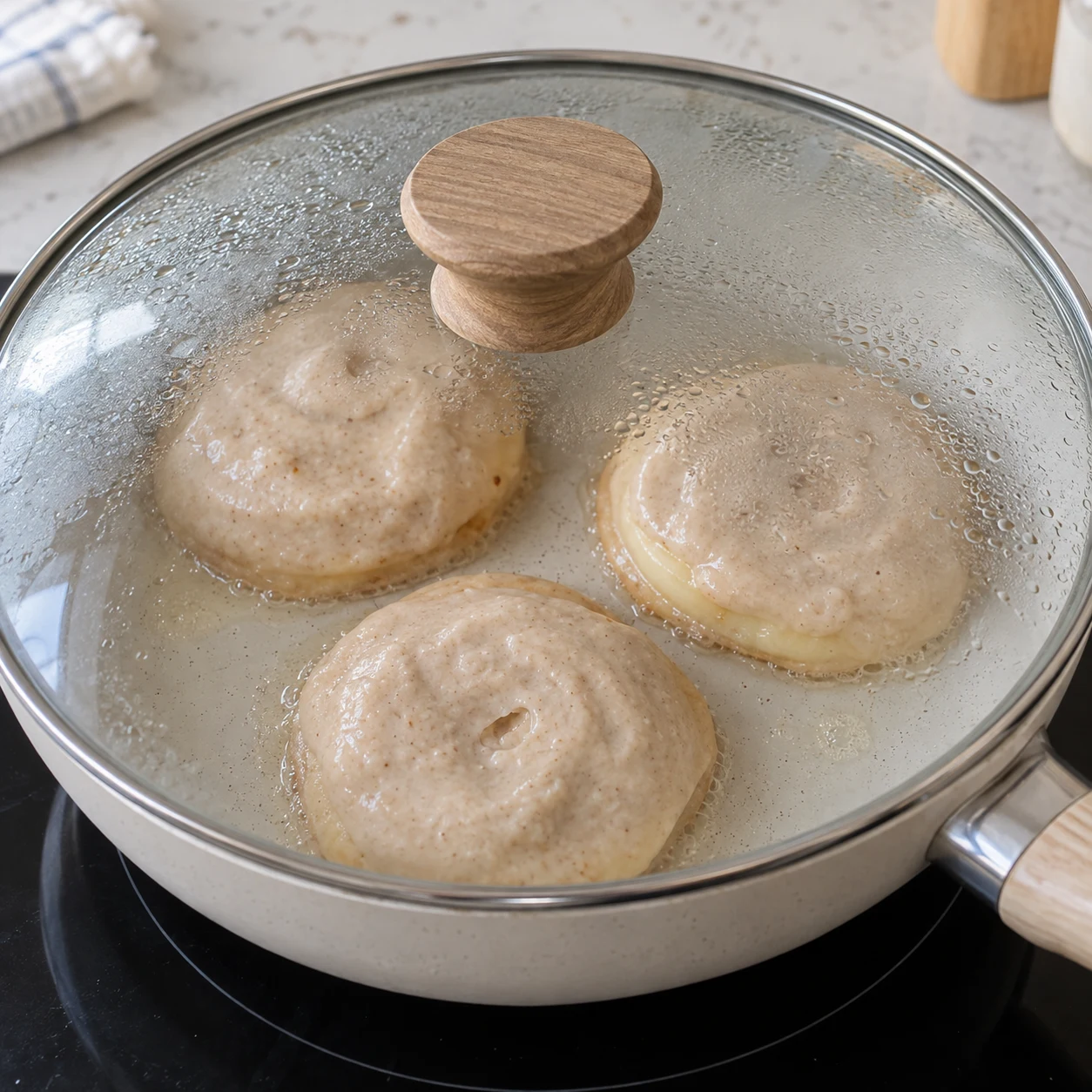 Poêle claire contenant trois beignets dont le dessus reste pâle sous un couvercle transparent.