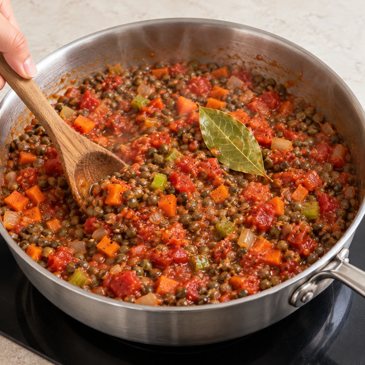 Lentilles vertes entières mijotées avec tomates rouges, dés orange carotte, blancs oignon et verts céleri, une feuille de laurier ; poêle inox, aucune croûte de fromage.