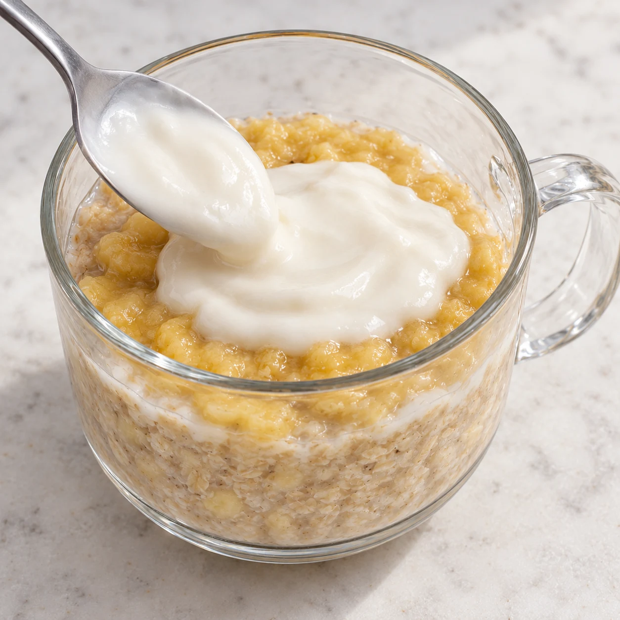 Déposez les 16.375 g de yaourt de soja nature sur la banane. Il remplace la cuillère à soupe de skyr de la source. Montrer seulement cette phase de la variante à l’avoine, sans graines ni poudre, un récipient transparent à poignée sur pierre pâle, sans texte ni personne identifiable.