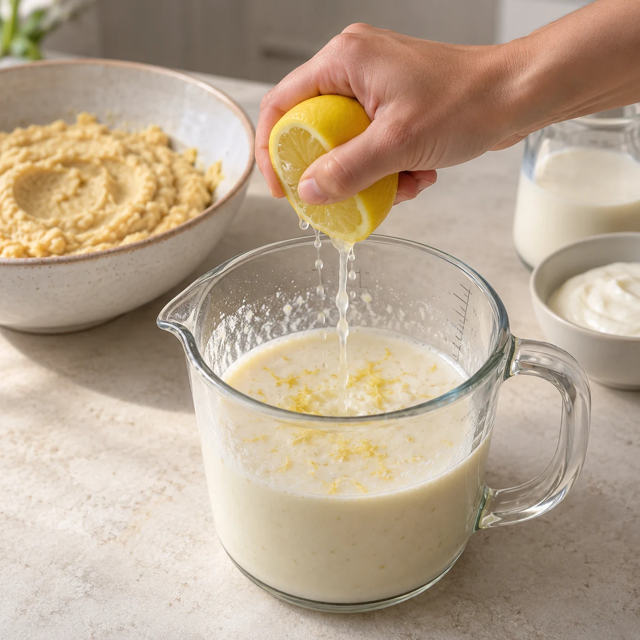 Un demi-citron est pressé au-dessus du récipient de base végétale blanche avec fines râpures jaunes.