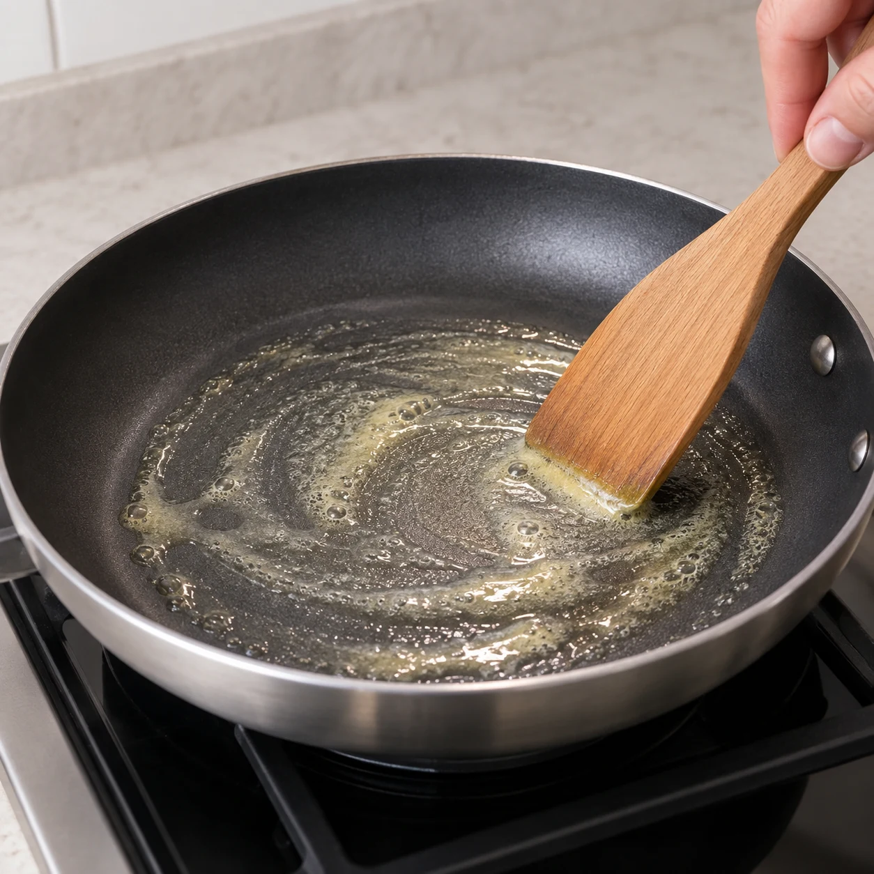Poêle neutre avec une petite pointe de margarine végétale fondant.