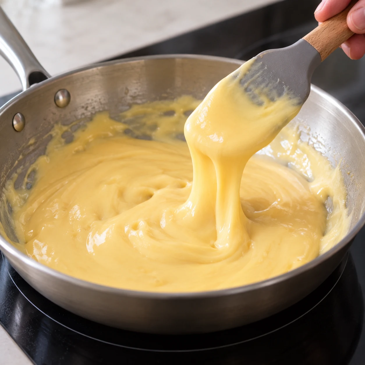 Faire fondre le fromage végétal : Le fromage est fondu en une pâte lisse et coulante, sans zones brûlées.