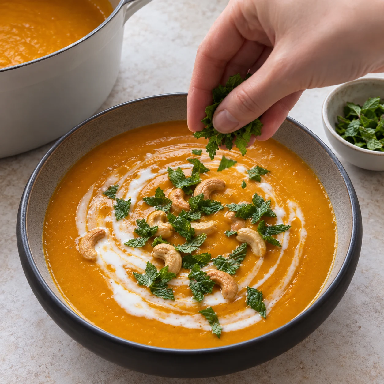 Mains anonymes parsemant de la menthe fraîche sur soupe et cajous.