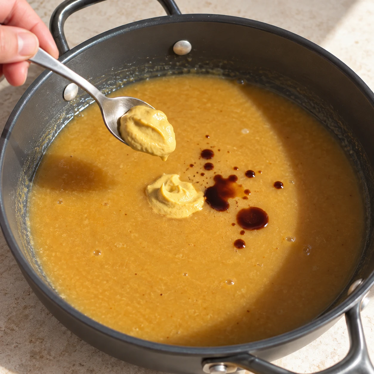 Ajouter la moutarde et la sauce soja. La moutarde et la sauce soja sont réparties dans toute la sauce. Une seule photographie carrée, geste et état conformes à la capture ; aucun ingrédient absent de cette étape.