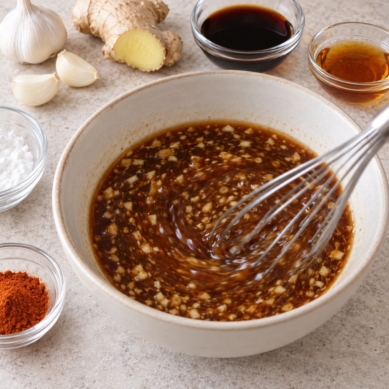 Mélangez l’ail, le gingembre, l’eau, la sauce soja de sauce, le sirop d’érable, la fécule et les piment de Cayenne moulu.