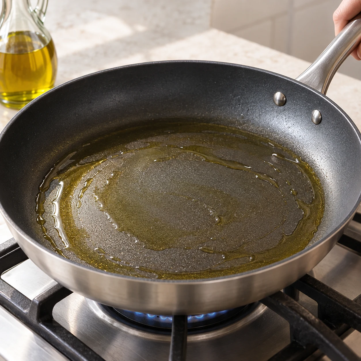 Un filet d’huile d’olive dans une poêle, aucun autre ingrédient dans la poêle.