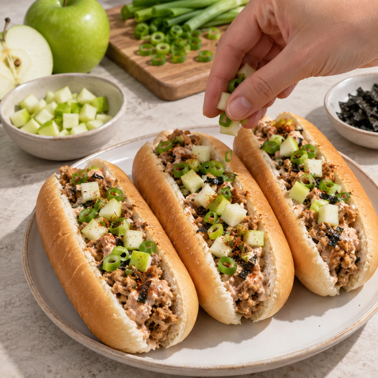 Main anonyme disposant quelques dés de pomme verte et rondelles de cive sur les hot-dogs.