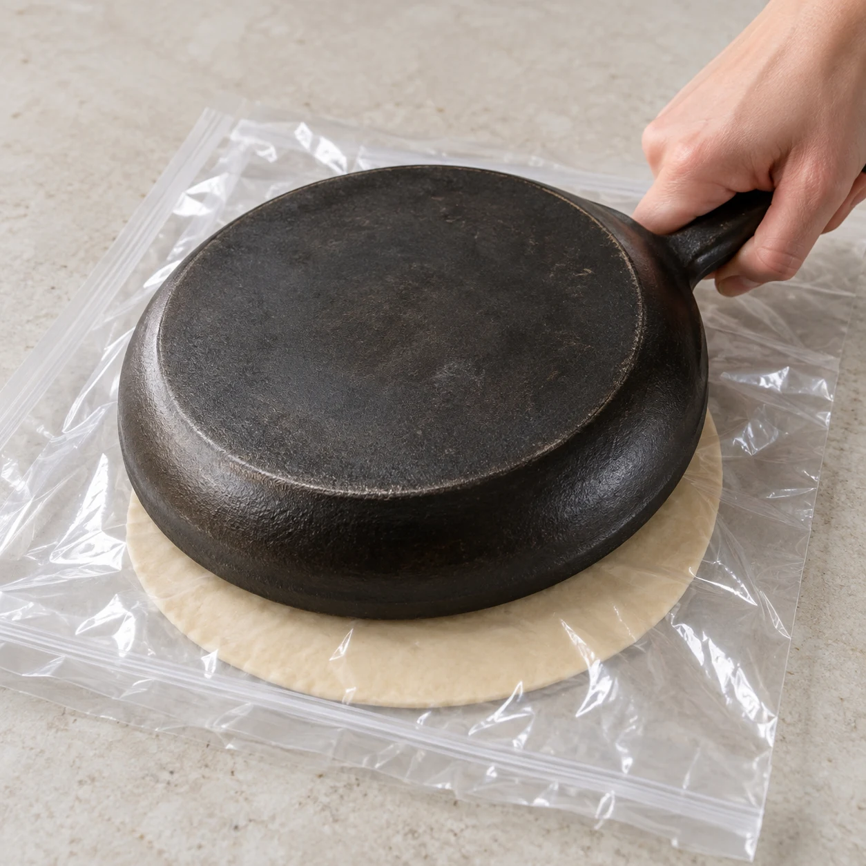 Place un pâton entre les faces d’un sachet de congélation alimentaire et aplatis-le avec un objet plat et lourd. Termine au rouleau si nécessaire, puis répète pour les cinq autres.