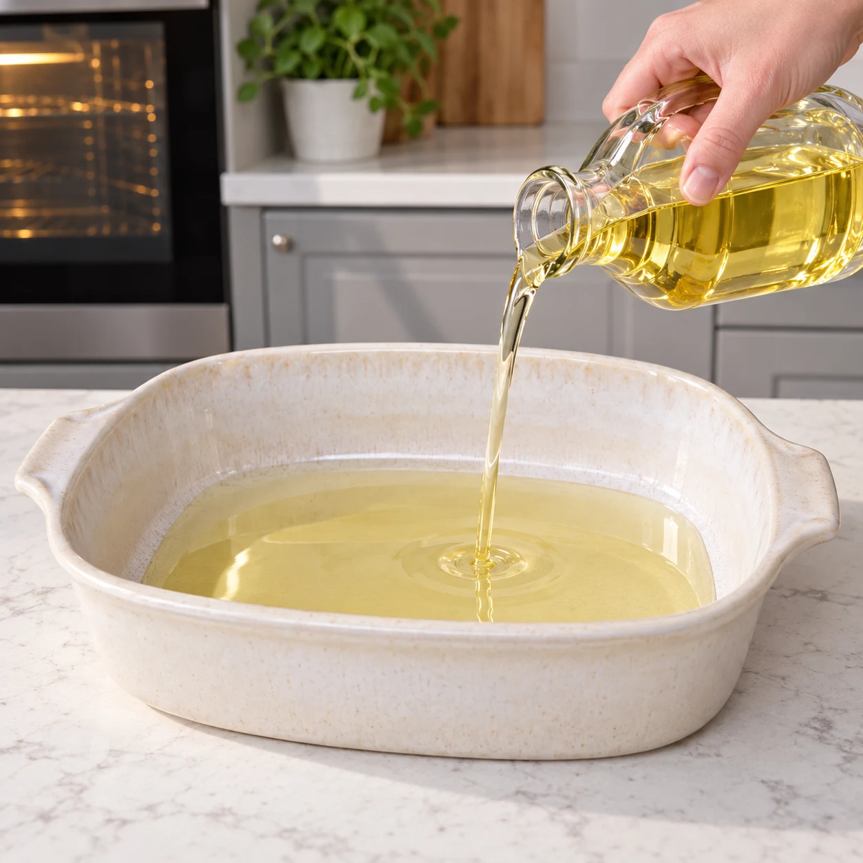 Huile neutre versée dans un plat à gratin en céramique blanche encore vide.
