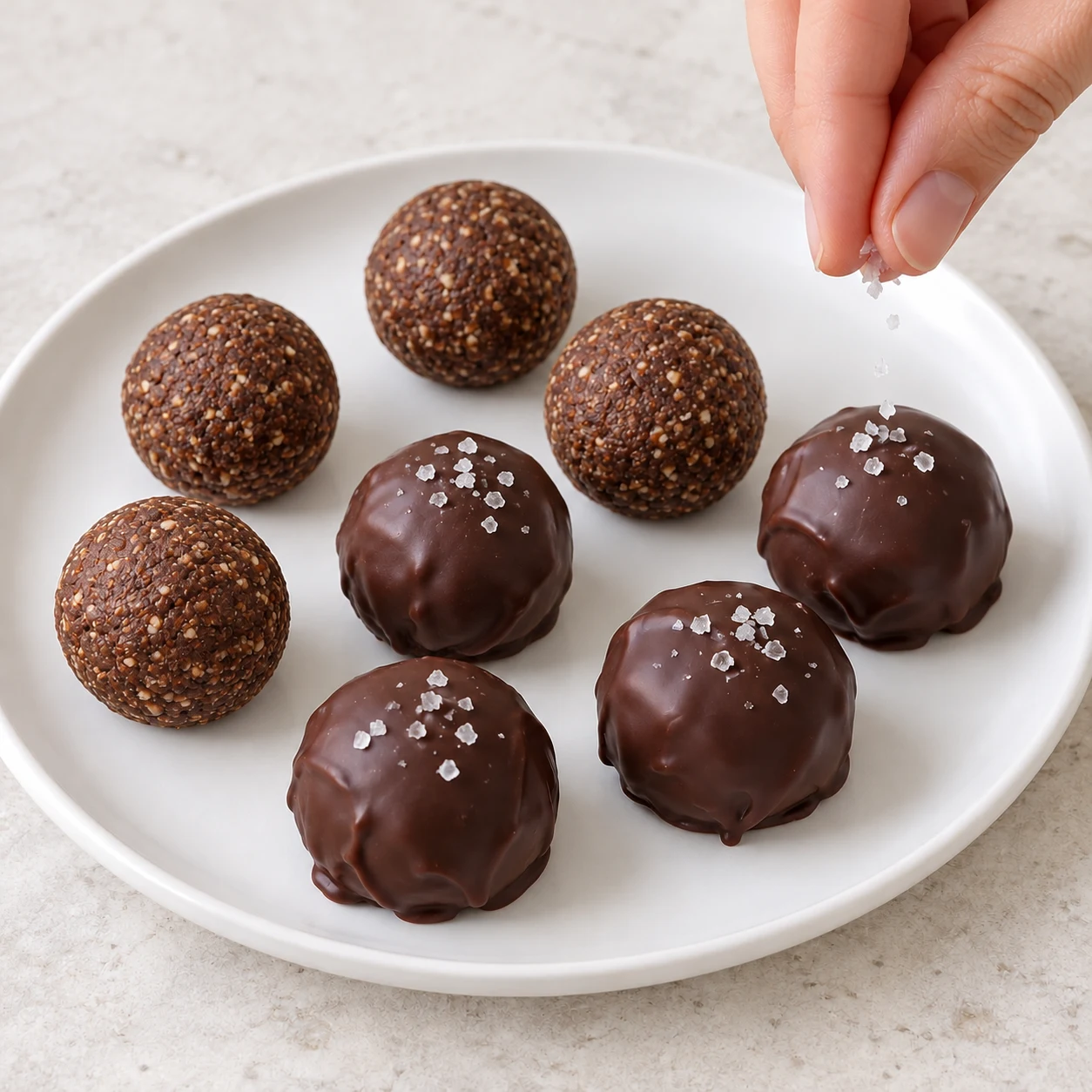 Boule enrobée de chocolat avec quelques cristaux blancs.