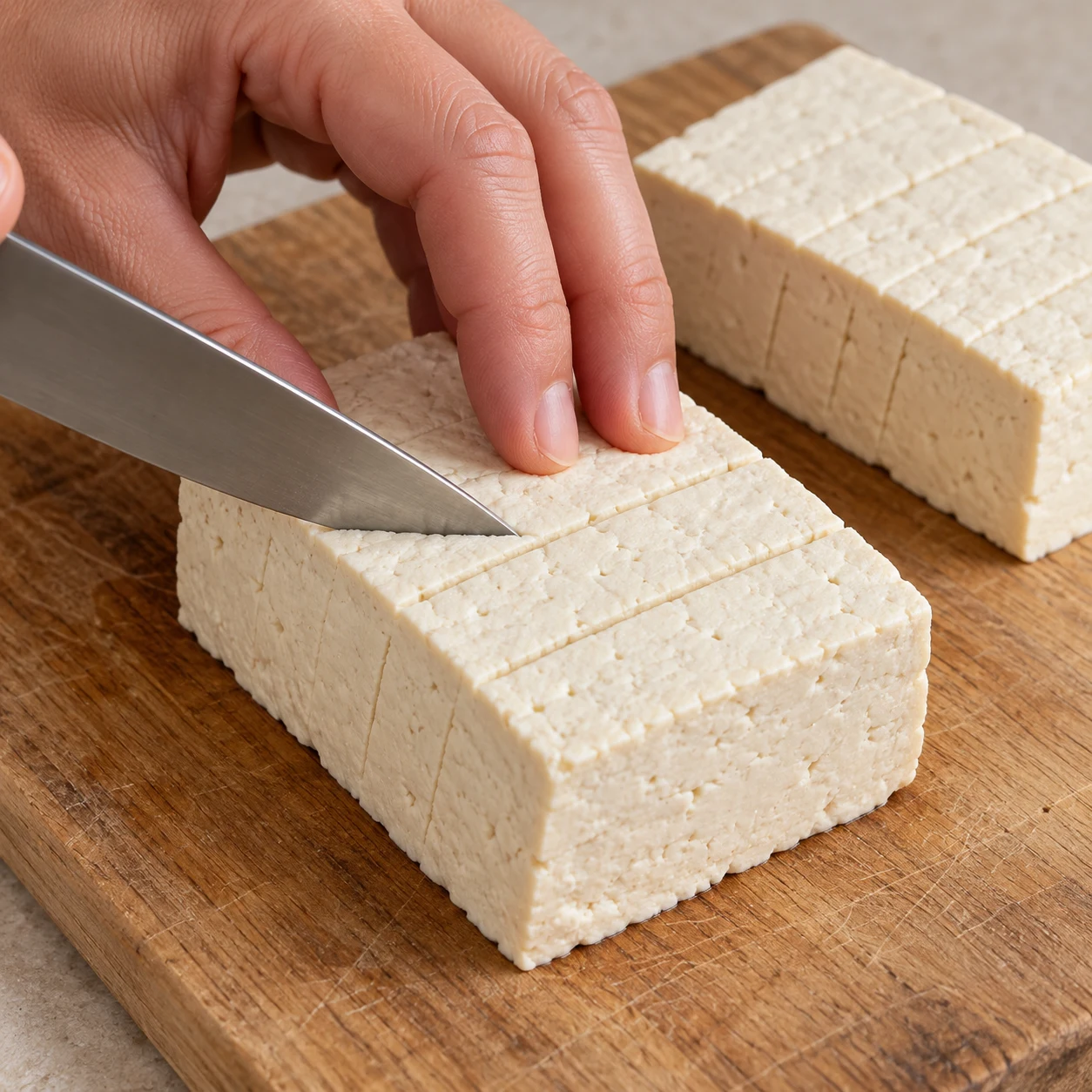 Gros plan sur une incision peu profonde dans un pavé blanc de tofu, lame et prise en griffe sûres.