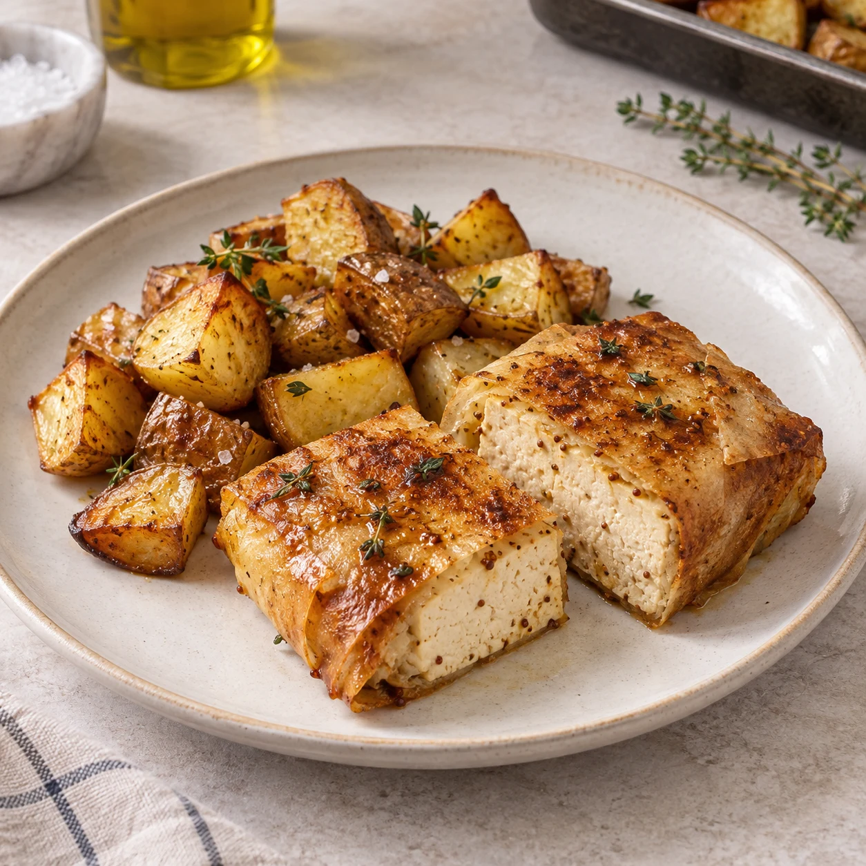 Une assiette neutre contenant un pavé de tofu croustillant, section blanche visible, accompagné des cubes de pommes de terre rôtis avec peau.