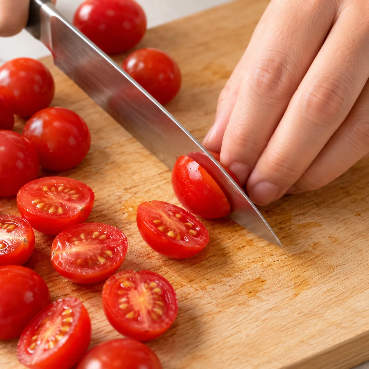 Gros plan sur une tomate cerise en cours de coupe en deux, prise en griffe sûre. Les pâtes éventuelles de cette adaptation sont des coquillettes courtes jaunes courbées et creuses, pas des radiateurs.