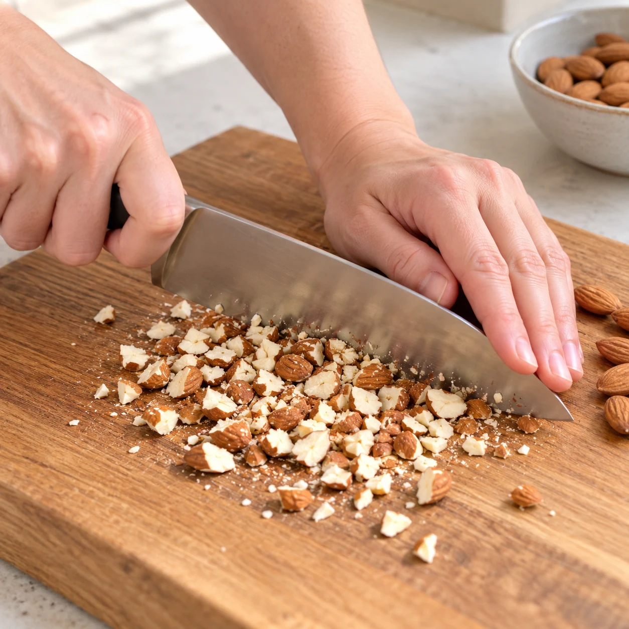 Concasser les amandes. Des morceaux irréguliers remplacent les amandes entières, sans les réduire en poudre.