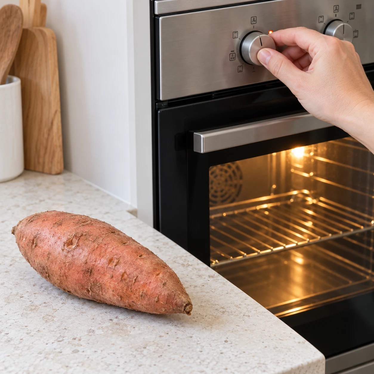 Four en préchauffage, patate douce crue entière sur le plan de travail ; aucun texte ni chiffres ajoutés.
