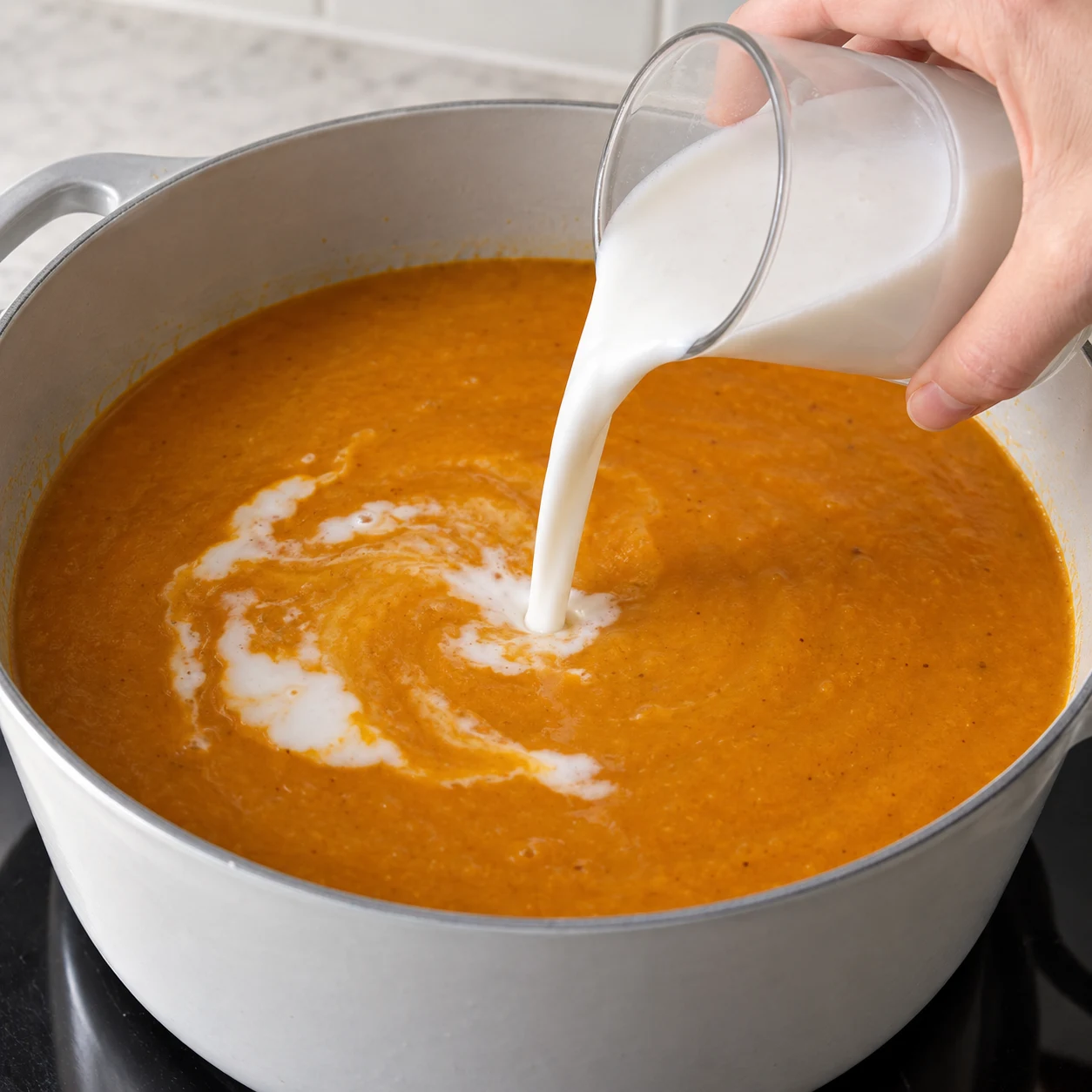 Lait de coco blanc versé dans la soupe orange lisse.