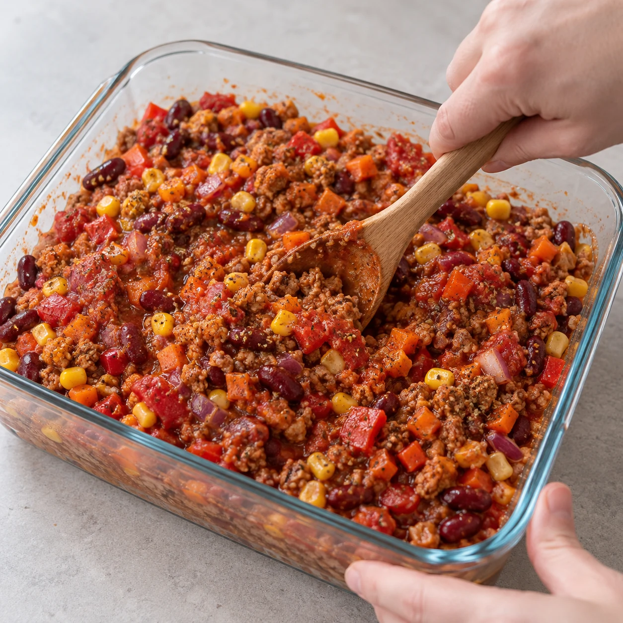 Cuillère mélangeant le chili encore non cuit, légumes nets et haché de soja brun dans un plat en verre.