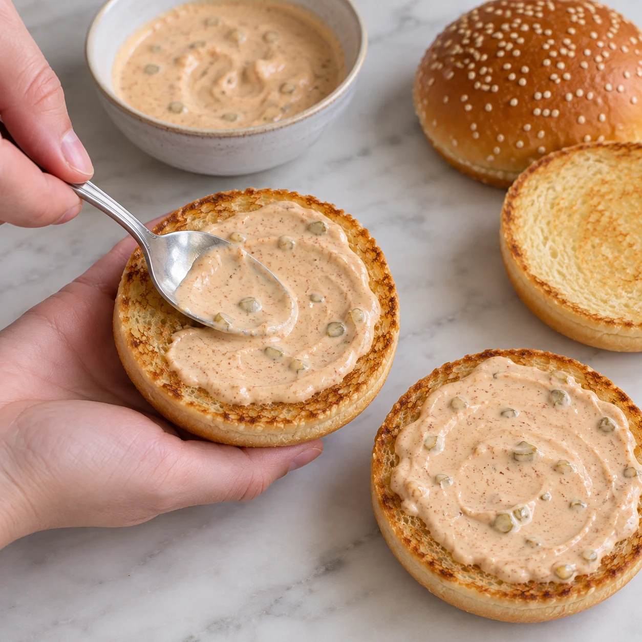 Une image carrée de l’action « Étaler la sauce dans les pains », avec seulement les ingrédients autorisés à cette étape, dans leur état réel. Les faces intérieures des pains portent une couche de sauce. Mains anonymes si le geste le nécessite, aucun visage ni texte.